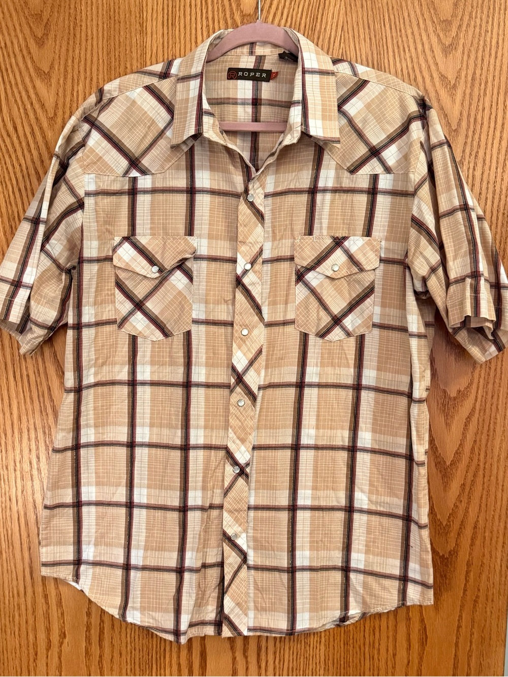 Roper Men's Beige and Brown Plaid Short-Sleeve Button-Up Shirt